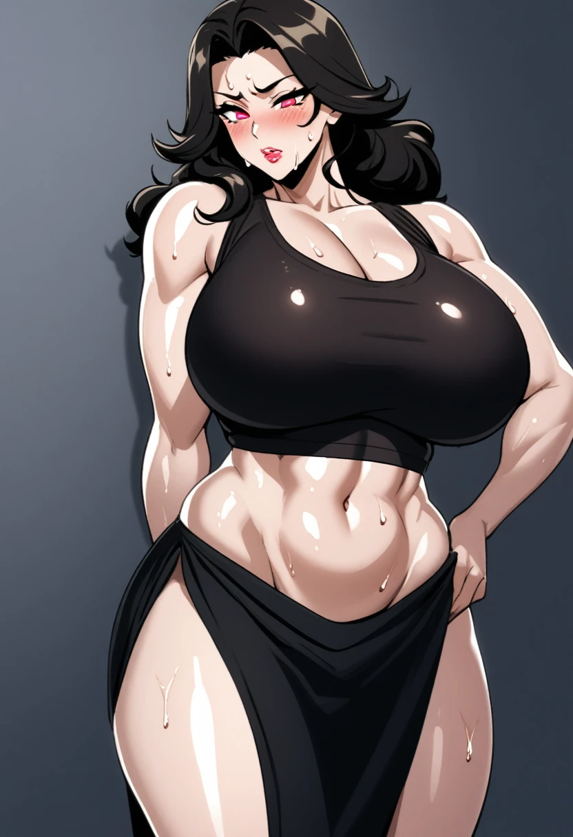 fumiko,1girl,solo,mature female,long hair,mole under mouth,large breasts,My Artwork Style ,Milf, Mommy, solo female, Curvaceous Physique, shiny skin,0p4ldr3ss, black dress, opal,very sweaty, wet clothes, tented shirt, hips, midriff, wet, flustered, lip gloss, makeup,(shadow eyes red)