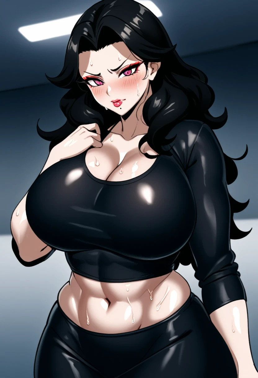 fumiko,1girl,solo,mature female,long hair,mole under mouth,large breasts,My Artwork Style ,Milf, Mommy, solo female, Curvaceous Physique, shiny skin,0p4ldr3ss, black dress, opal,very sweaty, wet clothes, tented shirt, hips, midriff, wet, flustered, lip gloss, makeup,(shadow eyes red)