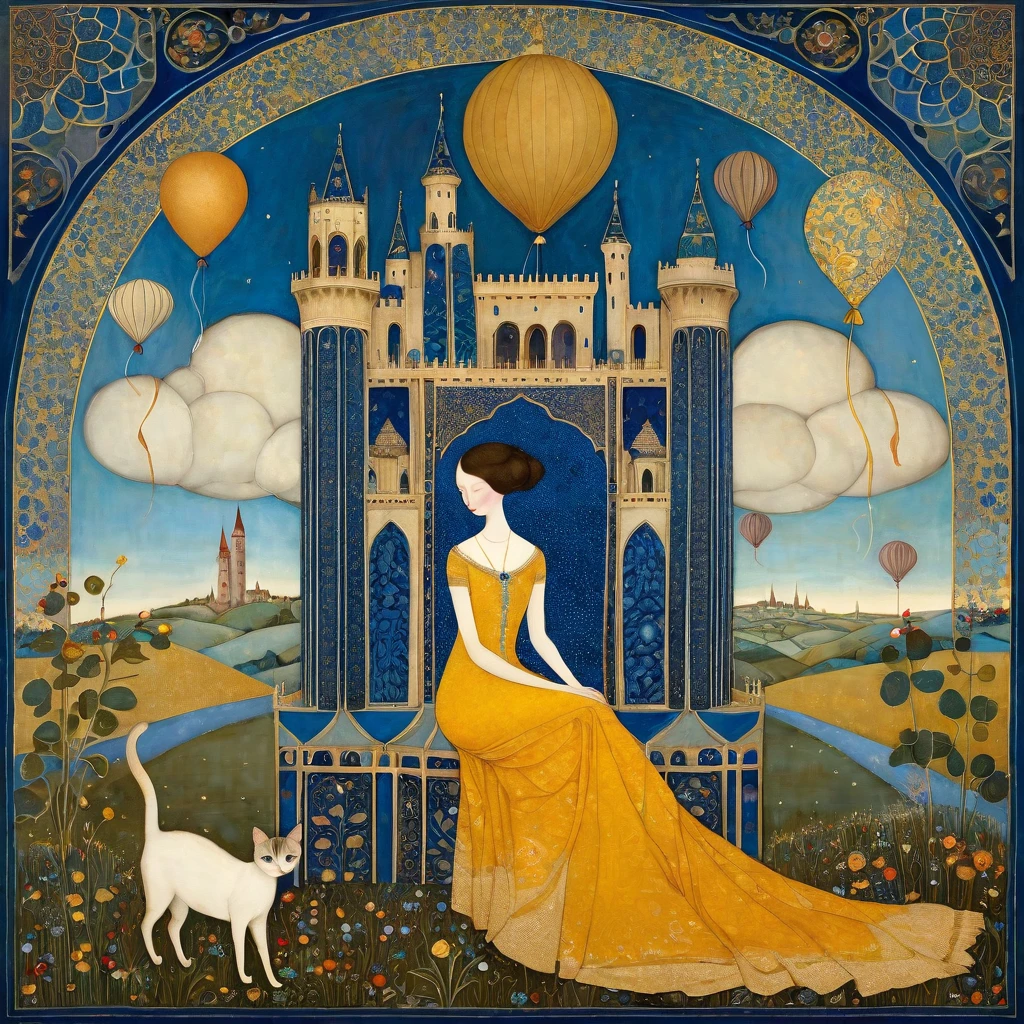 Art style by Klimt, Sam Toft, Florine Stettheimer, Dina Wakley, Catrin Welz-Stein, Gabriel Pacheco, Elisabeth Fredriks. An elegant tall woman, in a long saffron yellow coloured dress decorated with intricate blue motifs, sits on a blue cloth covered with intricate geometric textures, with a short-haired Siamese cat on the left and a long-legged cat on the right. He reads a book in the middle of a great plain and observes his kingdom made up of castles with towers rising towards the sky, knights and ladies, drawbridges, hills, trees. Flying dragons, clouds and balloons. intricate floral patterns, fine details, Renaissance and Gothic vibes.
