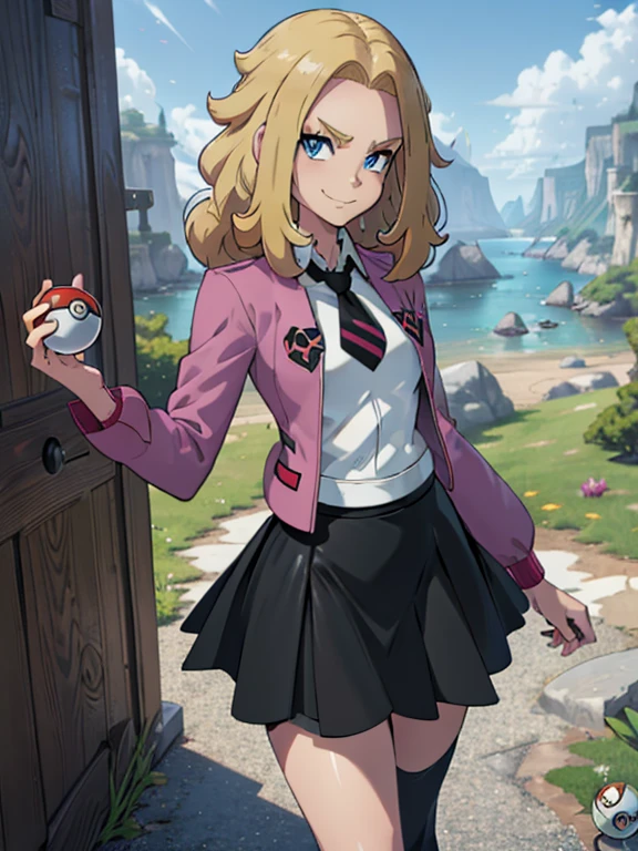 (masterpiece:1.2), best quality, high resolution, unity 8k wallpaper, (illustration:0.8), a Lass from Pokemon Sword and Shield, blonde hair, blue eyes. (holding a poke ball:1.3). (Wearing: A school uniform, opened magenta jacket, white undershirt, magenta tie, short black skirt and black shiny leggings). Arrogant smile on face, she’s adventurous and ready for a Pokemon battle.