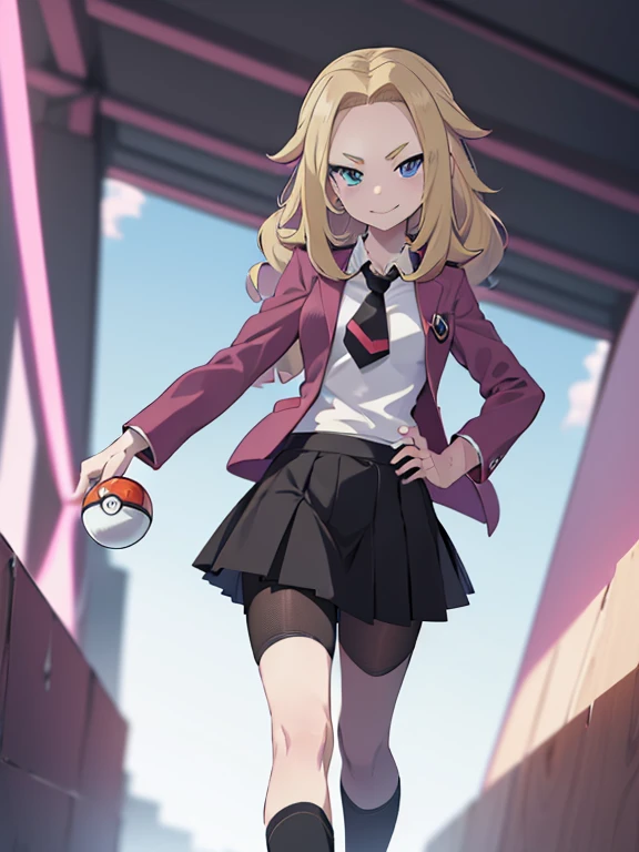 (masterpiece:1.2), best quality, high resolution, unity 8k wallpaper, (illustration:0.8), a Lass from Pokemon Sword and Shield, blonde hair, blue eyes. (holding a poke ball:1.3). (Wearing: A school uniform, opened magenta jacket, white undershirt, magenta tie, short black skirt and black shiny leggings). Arrogant smile on face, she’s adventurous and ready for a Pokemon battle.