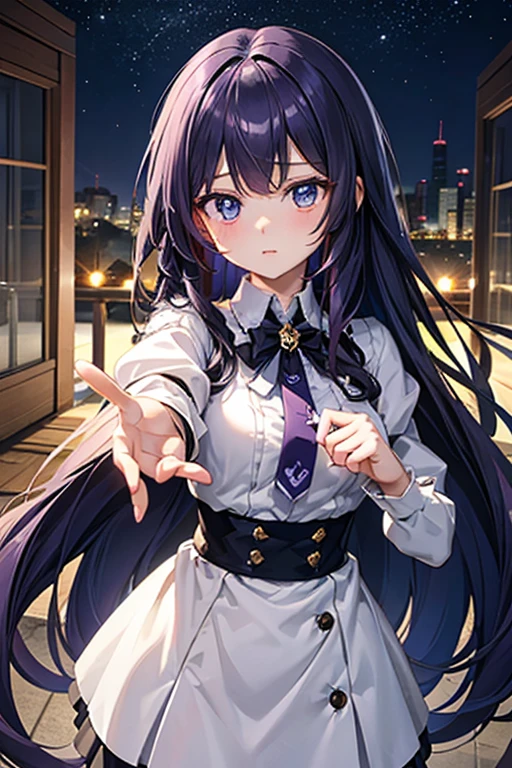 Best Quality, Super detailed, 32K,  ,More 私nformation  ,   (, cute girl, night, beautiful dark purple hair  , Long Hair,  Beautiful light blue eyes ,  Adorable ,（（ holding a handgun ,Shooting state ,））,私 want you,cute ,Game,cg,Mature,,Just You, Me ,((Reincarnation in Another World)),battlefield,protect ,