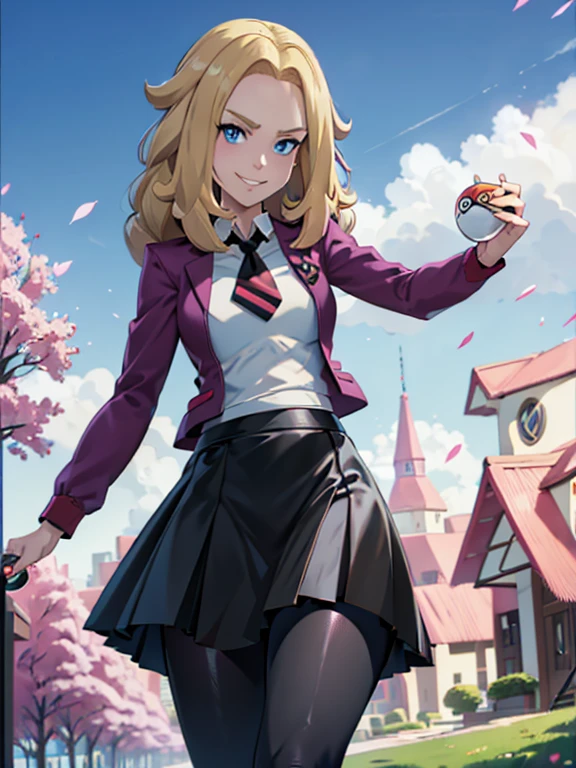 (masterpiece:1.2), best quality, high resolution, unity 8k wallpaper, (illustration:0.8), a Lass from Pokemon Sword and Shield, blonde hair, blue eyes. (holding a poke ball:1.3). (Wearing: A school uniform, opened magenta jacket, white undershirt, magenta tie, short black skirt and black shiny leggings). Arrogant smile on face, she’s adventurous and ready for a Pokemon battle.