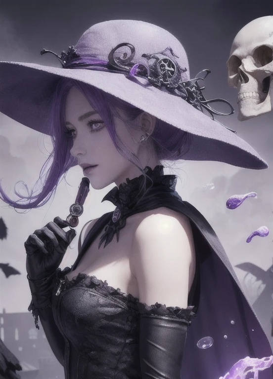 best quality, masterpiece,  jp-GG1-800  1girl, Style-GravityMagic,  solo, from side, side view, upper body, looking away, detailed background, detailed face, (excessive energy, ulblackholetech theme:1.1) poison-sorcerer, hooded plague doctor robes,  sinister grin, dynamic pose,  bright purple color scheme,  purple eyes,    purple toxin, pale complexion,  poisonous, flask of bubbling poison, acidic magic spells,   markings on body, glowing poisonous runes, skull and bones symbol, floating particles,   haunted mansion in background, dark shadows, ominous atmosphere, <lora:detail_slider_v4:2