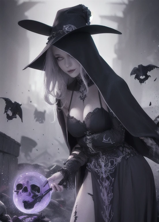 best quality, masterpiece,  jp-GG1-800  1girl, Style-GravityMagic,  solo, from side, side view, upper body, looking away, detailed background, detailed face, (excessive energy, ulblackholetech theme:1.1) poison-sorcerer, hooded plague doctor robes,  sinister grin, dynamic pose,  bright purple color scheme,  purple eyes,    purple toxin, pale complexion,  poisonous, flask of bubbling poison, acidic magic spells,   markings on body, glowing poisonous runes, skull and bones symbol, floating particles,   haunted mansion in background, dark shadows, ominous atmosphere, <lora:detail_slider_v4:2