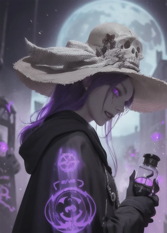 best quality, masterpiece,  jp-GG1-800  1girl, Style-GravityMagic,  solo, from side, side view, upper body, looking away, detailed background, detailed face, (excessive energy, ulblackholetech theme:1.1) poison-sorcerer, hooded plague doctor robes,  sinister grin, dynamic pose,  bright purple color scheme,  purple eyes,    purple toxin, pale complexion,  poisonous, flask of bubbling poison, acidic magic spells,   markings on body, glowing poisonous runes, skull and bones symbol, floating particles,   haunted mansion in background, dark shadows, ominous atmosphere, <lora:detail_slider_v4:2