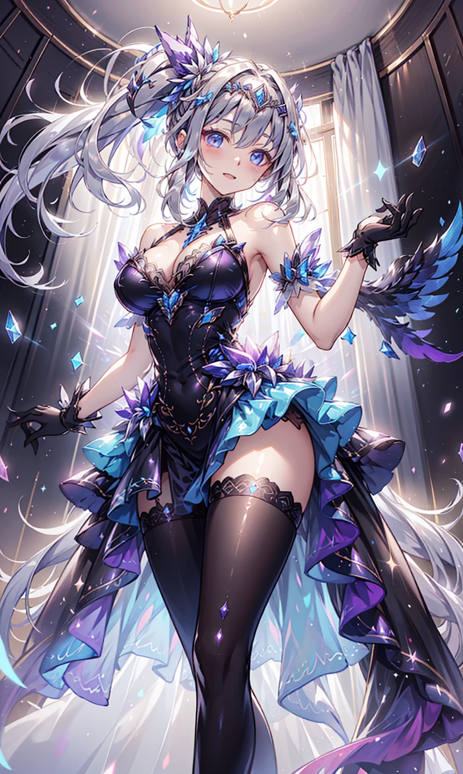 1 girl, (((ultra - detailed))), ((tmasterpiece)), ((illuminations)), obsessed, Starlight Virgin, Black gorgeous dress, Curvy woman, veils, sliver long hair, White skin of the, Sagged Eyes, Starry eyes like the night sky,Lace,Transparent clothing or repaint,Small redraw,exquisite and beautiful eyes