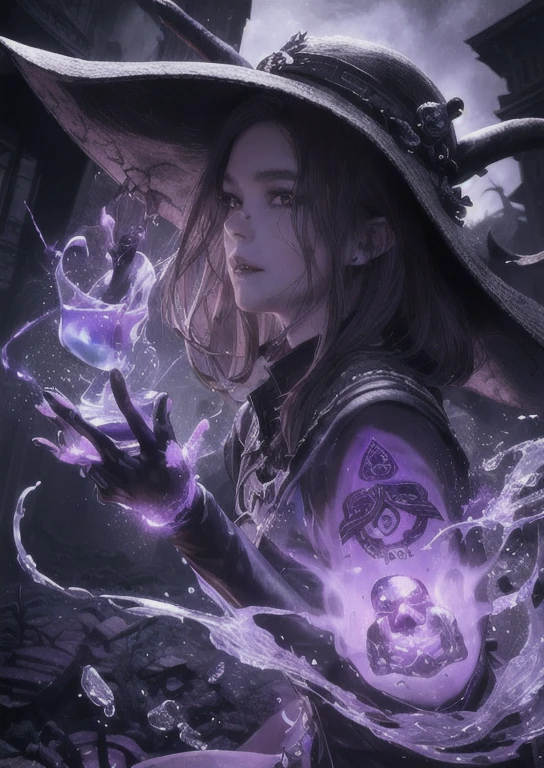 best quality, masterpiece,  jp-GG1-800  1girl, Style-GravityMagic,  solo, from side, side view, upper body, looking away, detailed background, detailed face, (excessive energy, ulblackholetech theme:1.1) poison-sorcerer, hooded plague doctor robes,  sinister grin, dynamic pose,  bright purple color scheme,  purple eyes,    purple toxin, pale complexion,  poisonous, flask of bubbling poison, acidic magic spells,   markings on body, glowing poisonous runes, skull and bones symbol, floating particles,   haunted mansion in background, dark shadows, ominous atmosphere, <lora:detail_slider_v4:2