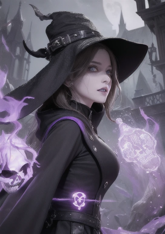 best quality, masterpiece,  jp-GG1-800  1girl, Style-GravityMagic,  solo, from side, side view, upper body, looking away, detailed background, detailed face, (excessive energy, ulblackholetech theme:1.1) poison-sorcerer, hooded plague doctor robes,  sinister grin, dynamic pose,  bright purple color scheme,  purple eyes,    purple toxin, pale complexion,  poisonous, flask of bubbling poison, acidic magic spells,   markings on body, glowing poisonous runes, skull and bones symbol, floating particles,   haunted mansion in background, dark shadows, ominous atmosphere, <lora:detail_slider_v4:2