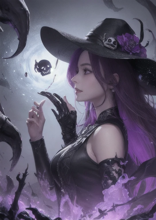 best quality, masterpiece,  jp-GG1-800  1girl, Style-GravityMagic,  solo, from side, side view, upper body, looking away, detailed background, detailed face, (excessive energy, ulblackholetech theme:1.1) poison-sorcerer, hooded plague doctor robes,  sinister grin, dynamic pose,  bright purple color scheme,  purple eyes,    purple toxin, pale complexion,  poisonous, flask of bubbling poison, acidic magic spells,   markings on body, glowing poisonous runes, skull and bones symbol, floating particles,   haunted mansion in background, dark shadows, ominous atmosphere, <lora:detail_slider_v4:2