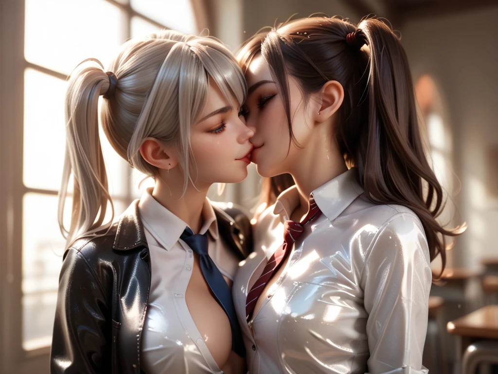 2 girls and girls buttoned in extremely tight shiny silver latex blouse,Tie jeans , Are in school, kiss,  side ponytail, shiny hair, Breasts,  seductive smile, Reflected light, Lens reflection, 