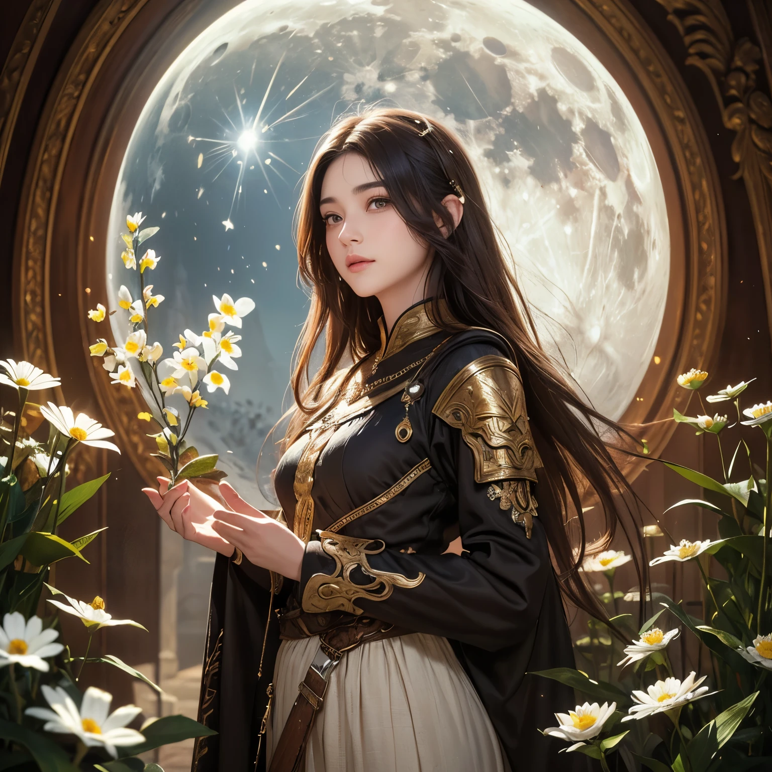 ( masterpiece ),( best quality), illustration, (fantasy:1.4), Brown long hair, Long eyelashes, full, round eyes, faint smile, surrealistic , milk, Relief, Stereogram, Atmospheric perspective, 8K, super detailed, Accurate, best quality, Ultra HD, textured skin , Long skirt, A moon, Flowers , paper_cut