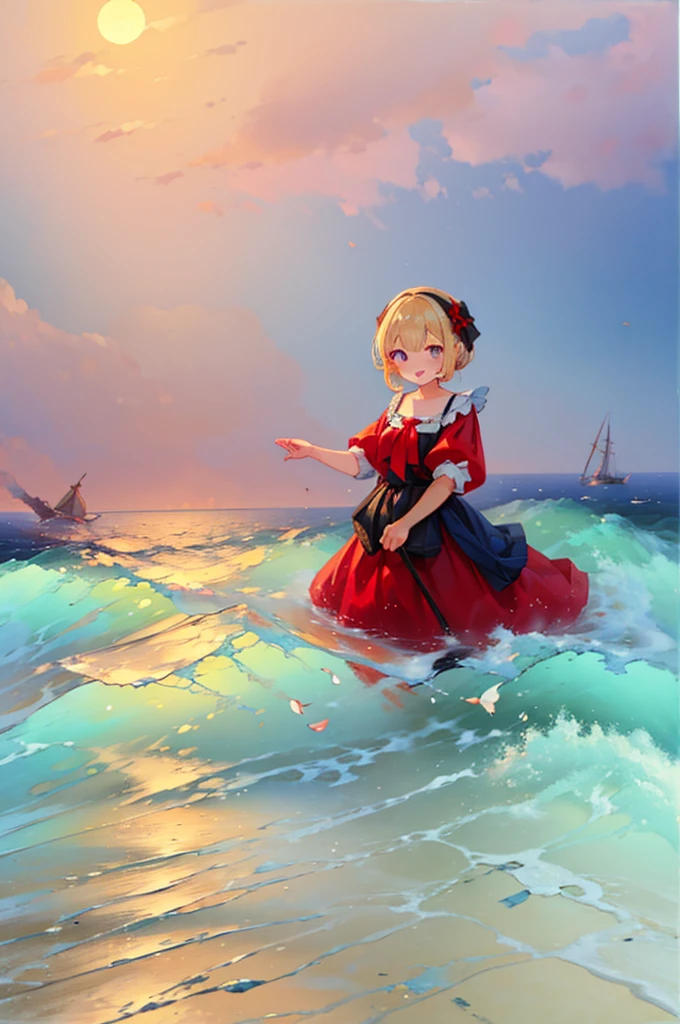 (8k,  super quality, masterpiece:1.2),  ultra high resolution, cute,  girl, Blonde, solo, whole body,  dress, Floral, Navy Blue, Sandals, sea, Wave like a  , Bright smile,  innocent face ,  mouth, soaked, whole bodyに水滴,  I'm soaked up to my chest, Damp , 