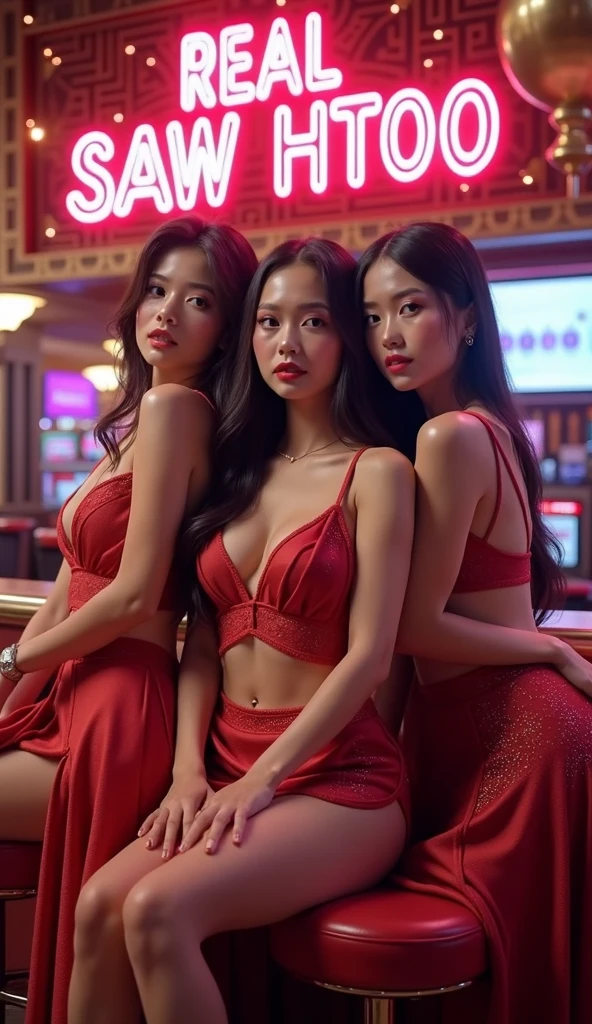 (8k, RAW photos, best quality, original photography:1.2),(Practical, photo-Practical:1.37), ((best quality)), Ultra-high resolution,Movie Lighting,Full body portrait, (tense atmosphere:1.2), 3 women standing together,Very detailed face,Charming eyes,long golden hair,Perfect body,Beautiful long hair,Colorful suspender dress,Long slender legs,3 women standing in public bathroom