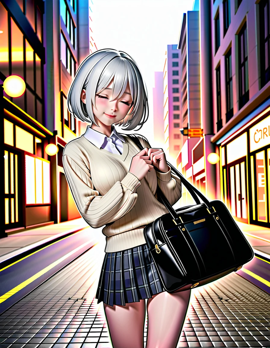 masterpiece, glowing particles, ambient lights, cute, full body detailed, 32K, sharp outline, high details, perfect lighting, perfect anatomy, soft light, BREAK ((shiny silver hair)), bob cut, bang between eyes, beautiful hair), (glossy silver eyes:1.5), (beautiful eyes, twinkle eyes, large eyes, close eyes), BREAK (athlete body, large breasts), cute face, beautiful face, pretty face, beautiful, best quality, good anatomy, long eyelashes, expressive eyes, perfecteyes, Perfect Hands, BREAK (School Uniforms:1.3), (wear a beige cable knit-sweater over a white collared-shirt:1.4), (tucked out sweater, sweater pull:1.3), (red bow:1.4), (plaid pattern pleated skirt:1.3), holding a black school bag, BREAK 1girl, morning, walking, sunny, city, street, contrapposto, eyes closed, smile, happy, 
