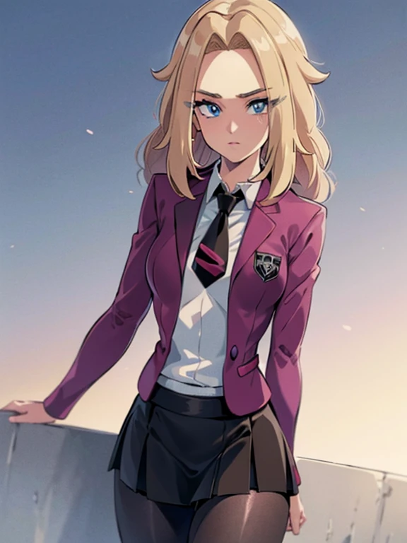 (masterpiece:1.2), best quality, high resolution, unity 8k wallpaper, (illustration:0.8), (beautiful detailed eyes:1.6), extremely detailed face, perfect lighting, extremely detailed CG, (perfect hands, perfect anatomy), a Lass from Pokemon Sword and Shield, blonde hair, blue eyes. (Wearing: A school uniform, opened magenta jacket, white undershirt, magenta tie, short black skirt and black shiny leggings).