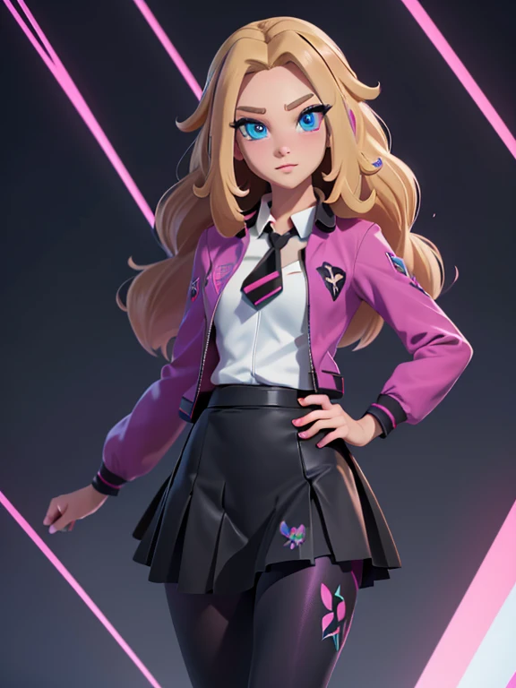 (masterpiece:1.2), best quality, high resolution, unity 8k wallpaper, (illustration:0.8), (beautiful detailed eyes:1.6), extremely detailed face, perfect lighting, extremely detailed CG, (perfect hands, perfect anatomy), a Lass from Pokemon Sword and Shield, blonde hair, blue eyes. (Wearing: A school uniform, opened magenta jacket, white undershirt, magenta tie, short black skirt and black shiny leggings).