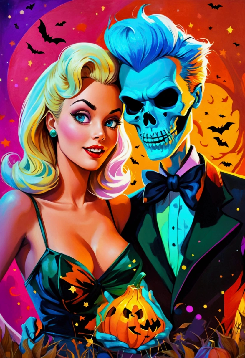 American pop art、 blonde beauty 、1950s、 The pop art painting depicts Jack Skeletron and his Sally Face's girlfriend ,  that celebrate Halloween .  The action takes place in the vibrant world of pop art ,  where it's an autumn night , , the starry sky and ghosts and bats join the party .

 The painting features colorful paper lanterns and twinkling stars .  The background is created from rich colors and contrasting combinations ,  elements typical of pop art .  The details of the painting are worked out in ultra-detail ,  and the realistic ,  such as pumpkin lanterns and a pumpkin patch ,  made of acrylic paints on a primed on cardboard .

 The painting is a high-resolution masterpiece in 8K format and is described as photorealistic with a resolution of 1.2 or 1 .37.