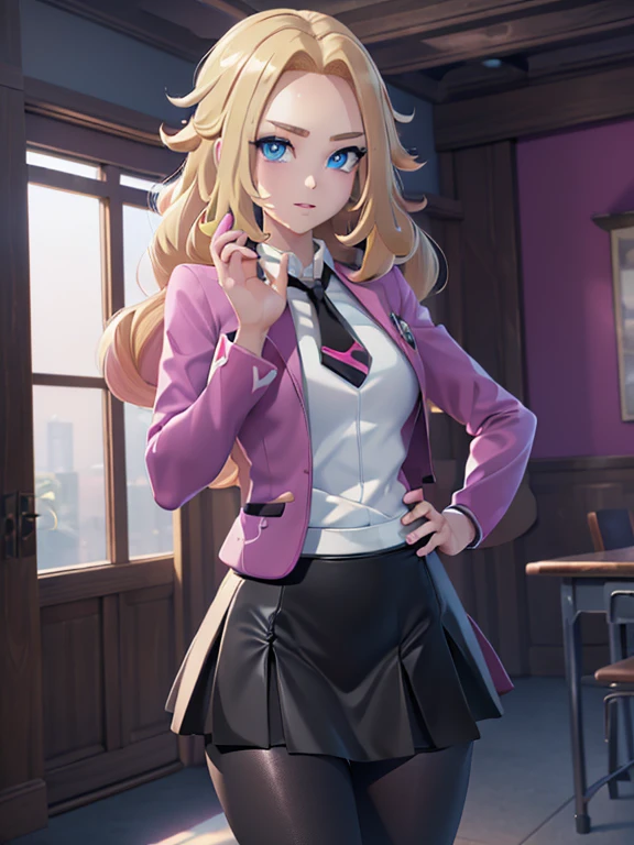 (masterpiece:1.2), best quality, high resolution, unity 8k wallpaper, (illustration:0.8), (beautiful detailed eyes:1.6), extremely detailed face, perfect lighting, extremely detailed CG, (perfect hands, perfect anatomy), a Lass from Pokemon Sword and Shield, blonde hair, blue eyes. (Wearing: A school uniform, opened magenta jacket, white undershirt, magenta tie, short black skirt and black shiny leggings).