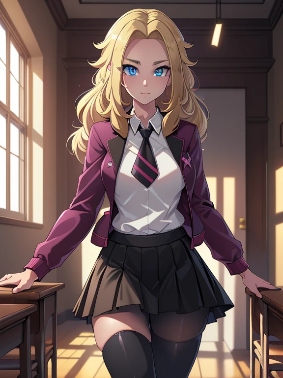 (masterpiece:1.2), best quality, high resolution, unity 8k wallpaper, (illustration:0.8), (beautiful detailed eyes:1.6), extremely detailed face, perfect lighting, extremely detailed CG, (perfect hands, perfect anatomy), a Lass from Pokemon Sword and Shield, blonde hair, blue eyes. (Wearing: A school uniform, opened magenta jacket, white undershirt, magenta tie, short black skirt and black shiny leggings).