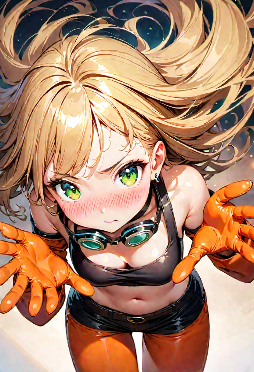 piper, green eyes, blonde hair, long hair, hair ornament, earrings, jewelry, choker
BREAK goggles around neck, bare shoulders, black crop top, midriff, navel, detached sleeves, orange gloves, belt, black shorts, short shorts, orange pants, detached pants, shoes, white footwear
BREAK (masterpiece, best quality), super high resolution, (Top Quality photorealistic Illustration), (Super Definition), (cute illustration:1.3), (high Saturation:1.3), detailed beautiful face and eyes, very detailed background, dynamic lighting, (an extremely delicate and beautiful), (nice hands, perfect hands:1.4), (appropriate posture), (appropriate configuration), ideal ratio body proportions,
Highly detailed illustration, super-cute and beautiful, best quality,slender,petite,babyface,cute,kawaii,((big eye)),Medium breast, floating hair,
BREAK
close-up,eye focus,looking at viewer,(solo focus),(from above:1.0), (from front),(looking left:1.3),
BREAK
(blush:1.4), creased brows, (disheveled hair:1.3), (leaning forward:1.4), beautiful hair,

