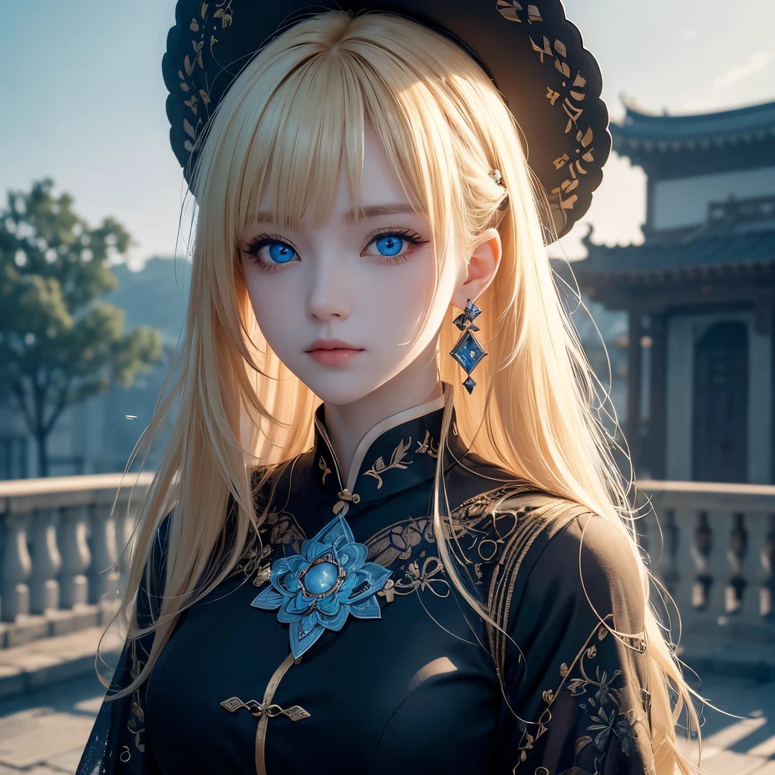 ( Extremely fine CG Unity 8K wallpaper, masterpiece , best quality, super detailed),(Optimal lighting, best shadow , extremely fine and beautiful ),floating,high saturation,blond+ blue eyes:1.2,Gloomy Gothic Landscape, Long hair, Staring into the distance. ( a beautiful girl,长着blond,闪闪发光的 blue eyes哥特式灯光)