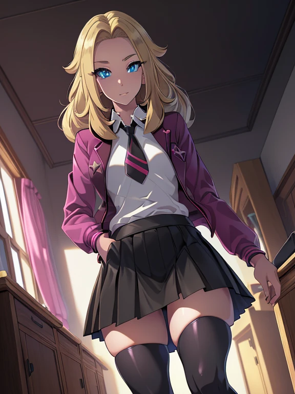 (masterpiece:1.2), best quality, high resolution, unity 8k wallpaper, (illustration:0.8), (beautiful detailed eyes:1.6), extremely detailed face, perfect lighting, extremely detailed CG, (perfect hands, perfect anatomy), a Lass from Pokemon Sword and Shield, blonde hair, blue eyes. ((Wearing: A school uniform, opened magenta jacket, white undershirt, magenta tie, short black skirt and black shiny leggings)).