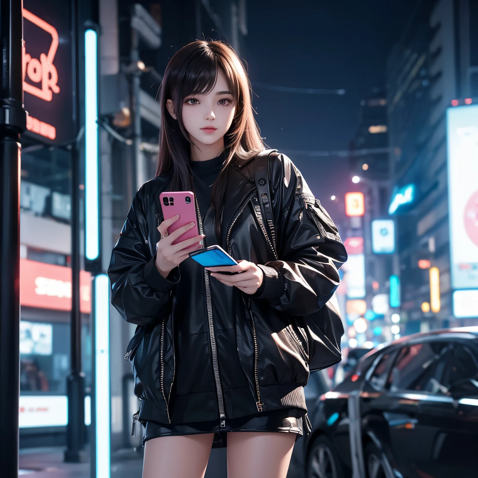 (( beautiful girl with phone in hand)) 4K 8K:: actual ::4 cyberpunk :: 1 --v 4 --quality 2
