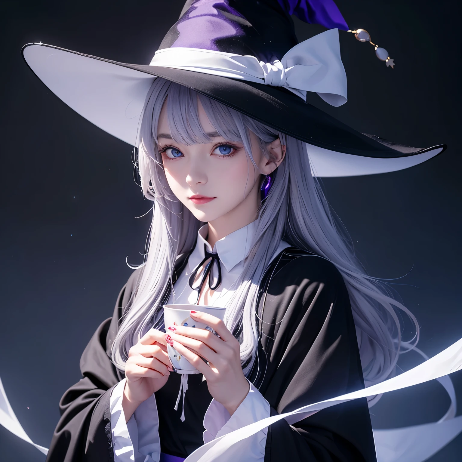 Elena_(witch_No_trip), Master, masterpiece , 4K,, 1 Girl, woman, beautiful , A cup , Gray Hair, Big magic hat + top is black , purple inside , blue eyes, white shirt , of ribbons, Black robe,, Kawaii, watching viewer , slight smile , Magical Girl, background medieval Europe,