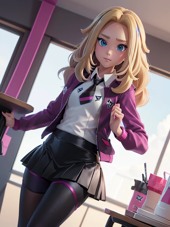 a Lass from Pokemon Sword and Shield, blonde hair, blue eyes. ((Wearing: A school uniform, opened magenta jacket, white undershirt, magenta tie, short black skirt and black shiny leggings)).