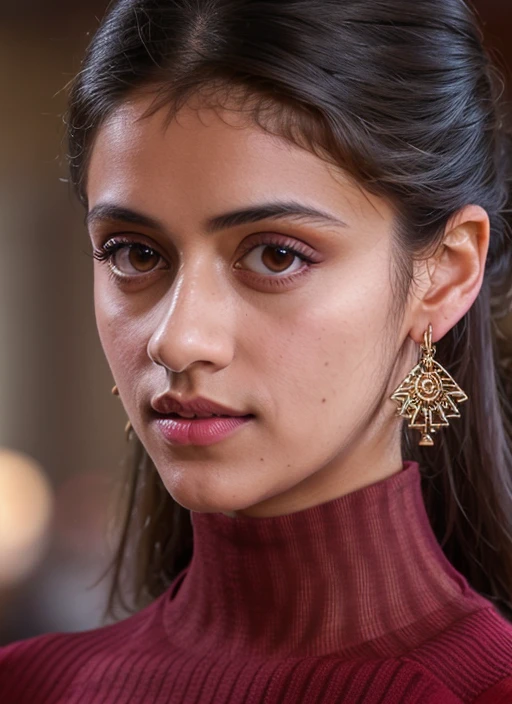 (Anya chalotra), photo of extremely sexy (achal0tra-140:0.99), a woman as a sexy student, closeup portrait, hair upsweep updo, (red tight long sleeve turtleneck top), at a cantina sitting bar (masterpiece:1.5) (photorealistic:1.1) (bokeh) (best quality) (detailed skin texture pores hairs:1.1) (intricate) (8k) (HDR) (wallpaper) (cinematic lighting) (sharp focus), (eyeliner), (painted lips:1.2), (earrings)