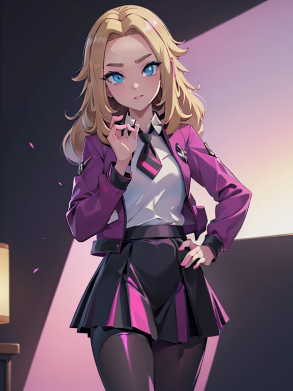 (masterpiece:1.2), best quality, high resolution, unity 8k wallpaper, (illustration:0.8), (beautiful detailed eyes:1.6), extremely detailed face, perfect lighting, extremely detailed CG, (perfect hands, perfect anatomy), a Lass from Pokemon Sword and Shield, blonde hair, blue eyes. ((Wearing: A school uniform, opened magenta jacket, white undershirt, magenta tie, short black skirt and black shiny leggings)).