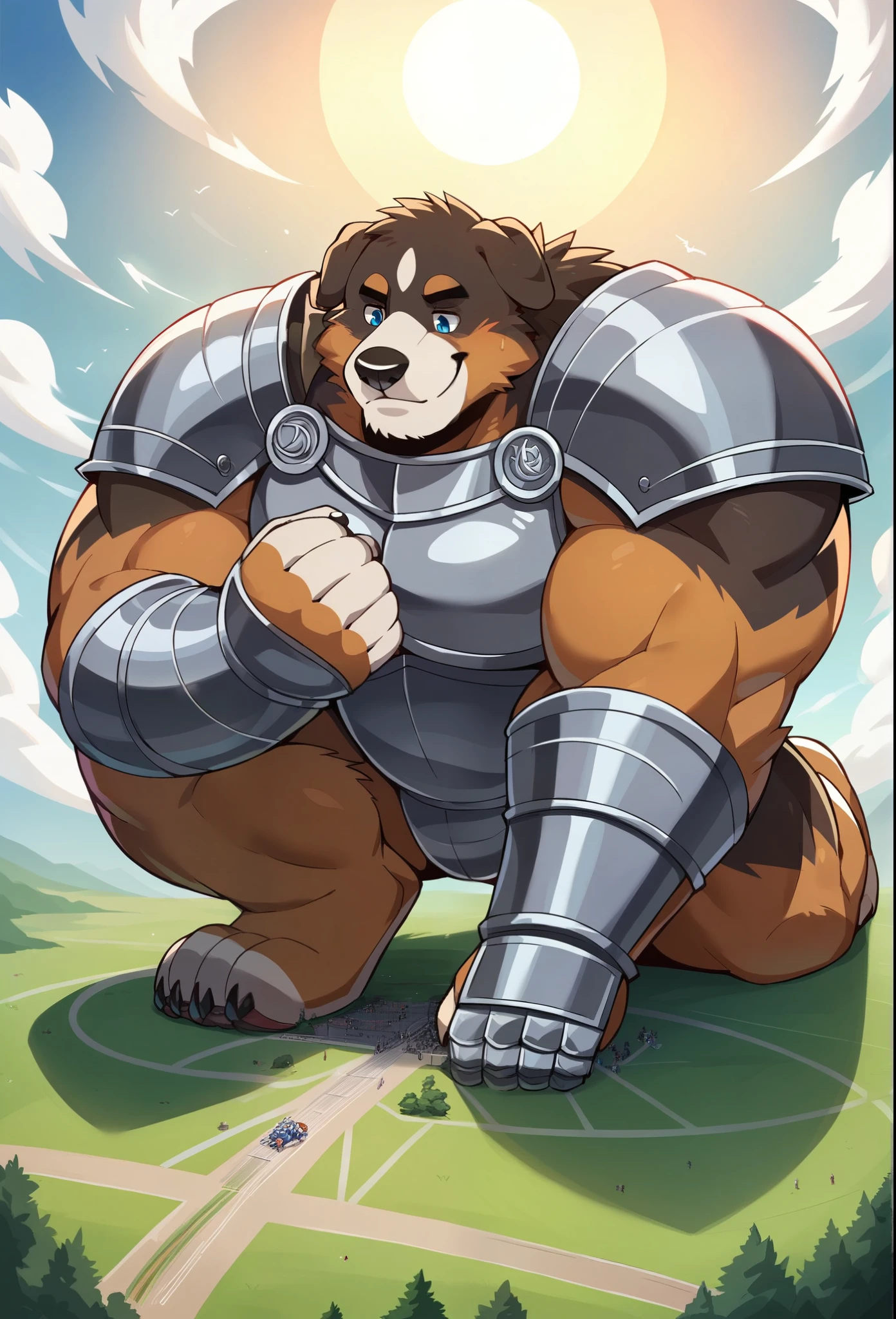 nj5furry, Bernese Mountain Dog, beast field ,pummelig, thick arms,strong muscles,trägt eine Knight armor ,Plush ,chubby face, black eyebrows ,sky blue eyes ,bart, friendly smile ,sit on the grass, on the stomach, Vati , (From underneath:1.1),lie down,(Knight armor ),sunlight , von zixiong , takemoto arashi, (Massiv:3.0, ( heavyweight,stark,Macro, Emphasize )),
