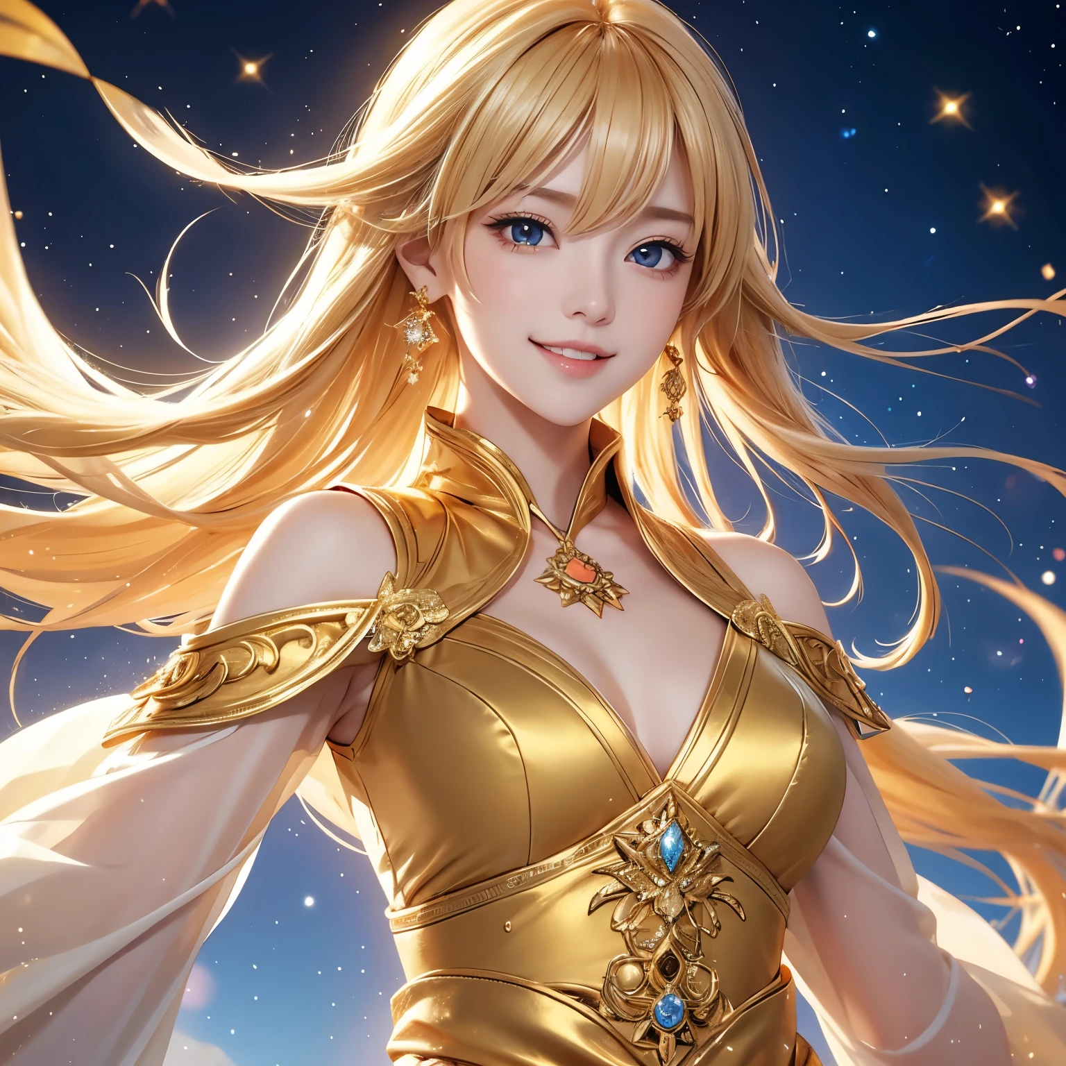 girl, The flowing golden blond , Eyes, Golden Imperial Clothes, Neckline, Japanese cartoons , background is a clear sky and twinkling lights, dynamic angle , Arrogant laughter