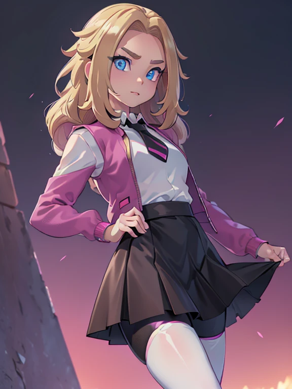 (masterpiece:1.2), best quality, high resolution, unity 8k wallpaper, (illustration:0.8), (beautiful detailed eyes:1.6), extremely detailed face, perfect lighting, extremely detailed CG, (perfect hands, perfect anatomy), a Lass from Pokemon Sword and Shield, blonde hair, blue eyes. ((Wearing: A school uniform, opened magenta jacket, white undershirt, magenta tie, short black skirt and black shiny leggings)).