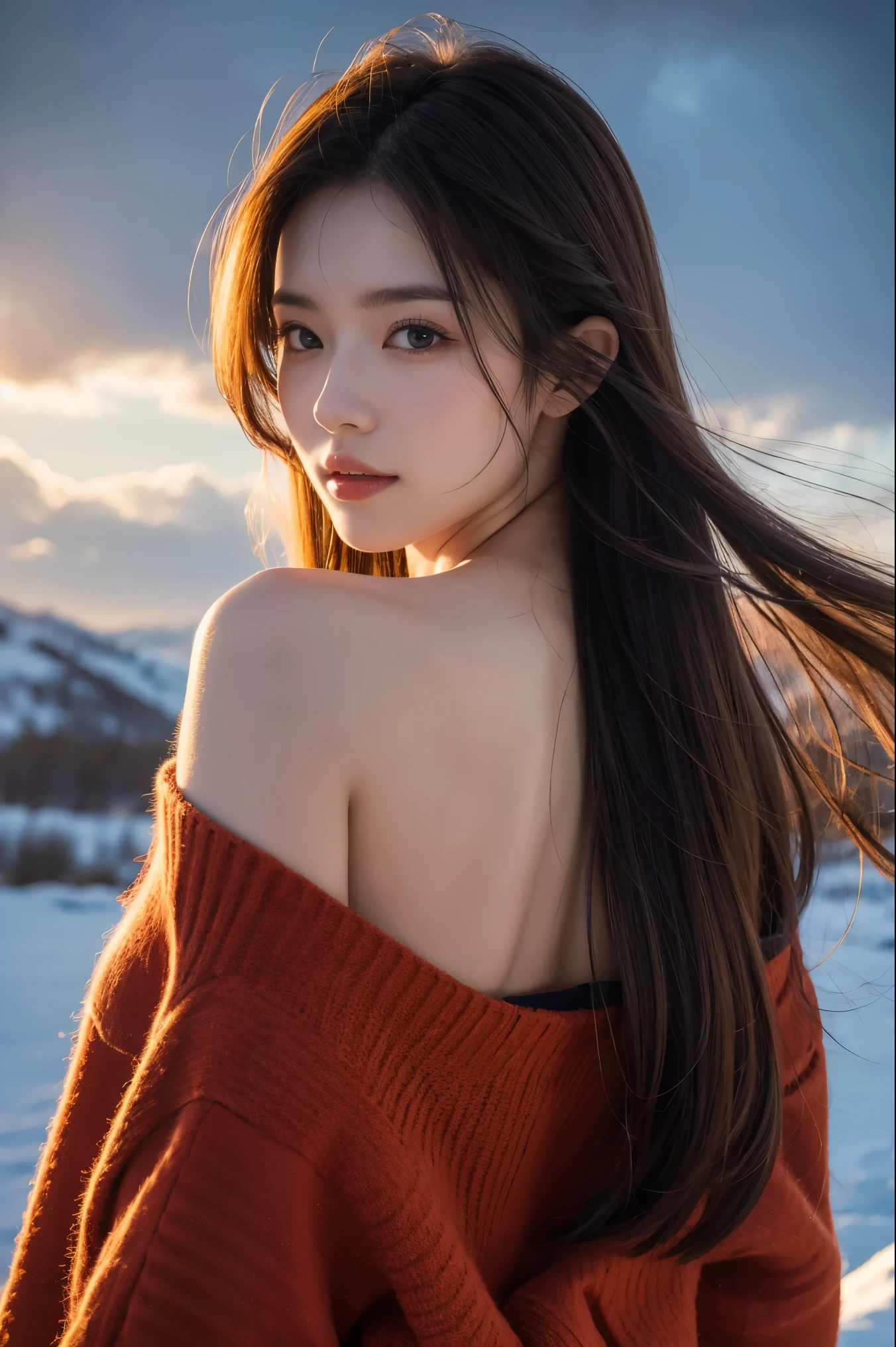 ((cowboy shot)), realistic detailed photo of a giant breasted girl with exposed shoulders, detailed fingers, high quality skin, red eyes, alone in a winter scene with clouds, wind, and flowing hair, (best quality,4k,8k,highres,masterpiece:1.2),ultra-detailed,(realistic,photorealistic,photo-realistic:1.37),studio lighting,vivid colors