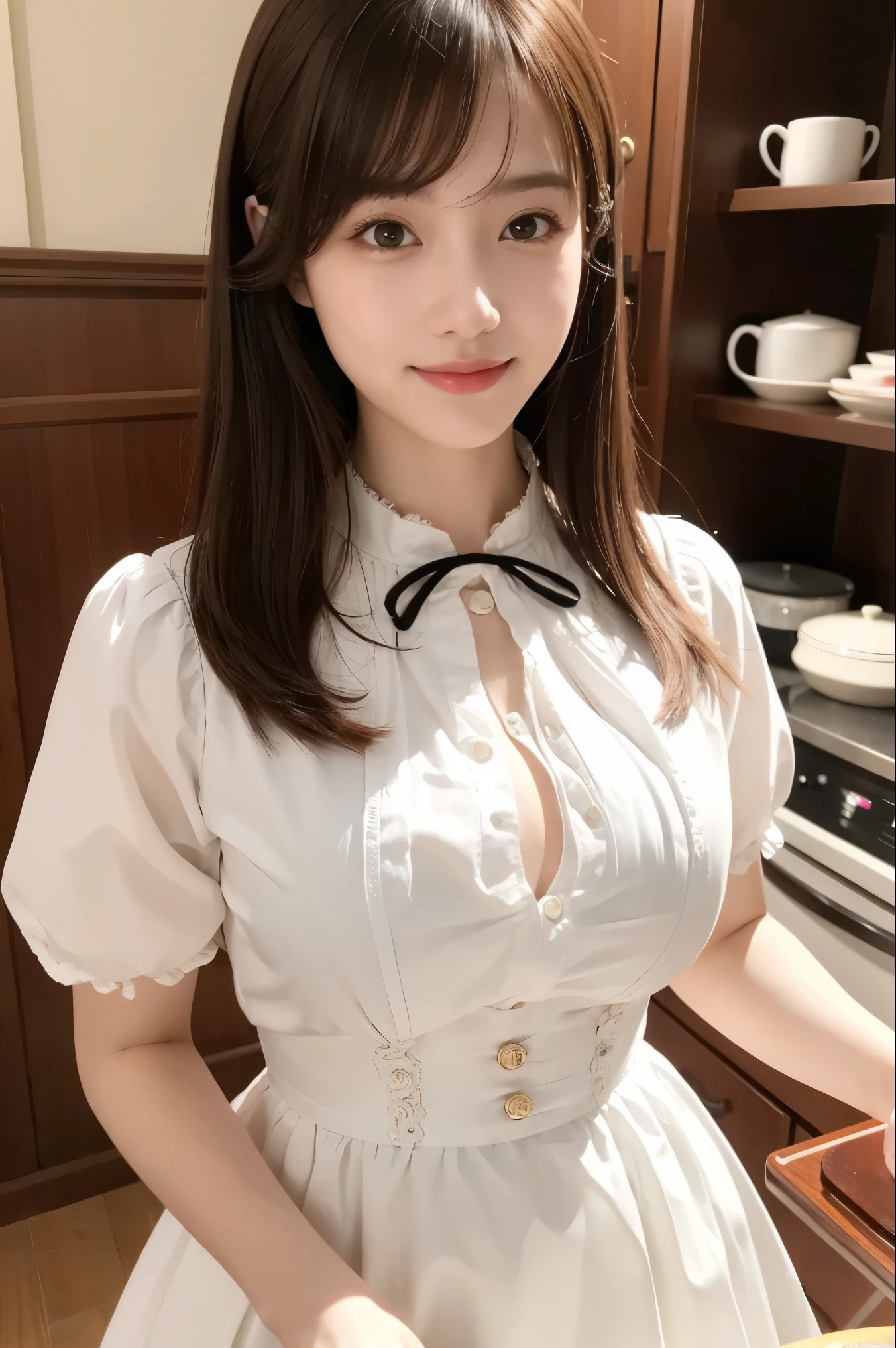 (8k, best quality, masterpiece: 1.2), (realistic, realistic, photorealistic: 1.37), 1 girl, hyper detail, beautiful detail eyes, beautiful detail nose, (((1girl))), Lolita dress, 7 minutes, kitchen, smile,