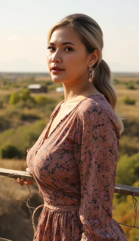 Close-up portrait of a refined woman standing in a rugged cowboy stance, amidst a sun-kissed open range landscape. She wears a knee-length floral dress with long sleeves, adding an air of sophistication. Her silvery hair is styled in a sleek ponytail, framing her striking profile and full lips. A pair of dangling earrings glimmer in the golden light, casting a warm glow on her porcelain skin. The camera captures her confident pose from a slight angle, emphasizing her strong features and contrasting textures.