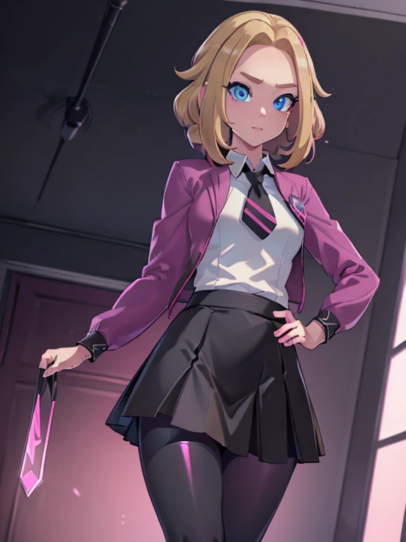 (masterpiece:1.2), best quality, high resolution, unity 8k wallpaper, (illustration:0.8), (beautiful detailed eyes:1.6), extremely detailed face, perfect lighting, extremely detailed CG, (perfect hands, perfect anatomy), a Lass from Pokemon Sword and Shield, blonde hair, blue eyes. ((Wearing: A school uniform, opened magenta jacket, white undershirt, magenta tie, short black skirt and black shiny leggings)).