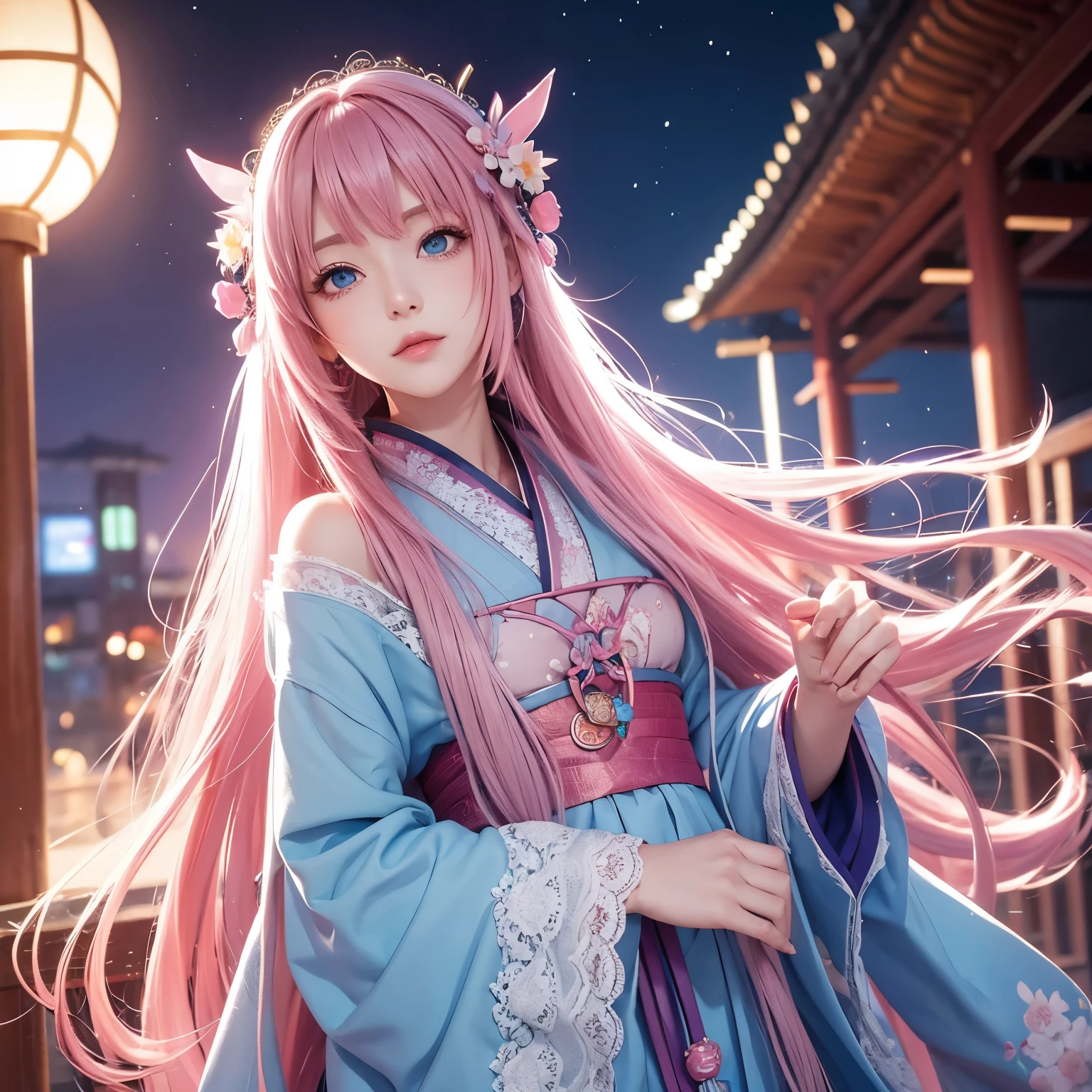 masterpiece , best quality,Lacus-bk, 1 Girl, alone , Long hair, Pink Haired , very Long hair, blue eyes, Headdress, Japanese Clothing, Lace-up sleeve