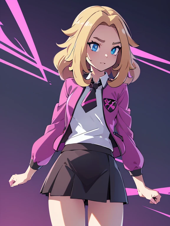 (masterpiece:1.2), best quality, high resolution, unity 8k wallpaper, (illustration:0.8), (beautiful detailed eyes:1.6), extremely detailed face, perfect lighting, extremely detailed CG, (perfect hands, perfect anatomy), a Lass from Pokemon Sword and Shield, blonde hair, blue eyes. ((Wearing: A school uniform, opened magenta jacket, white undershirt, magenta tie, short black skirt and black shiny leggings)).