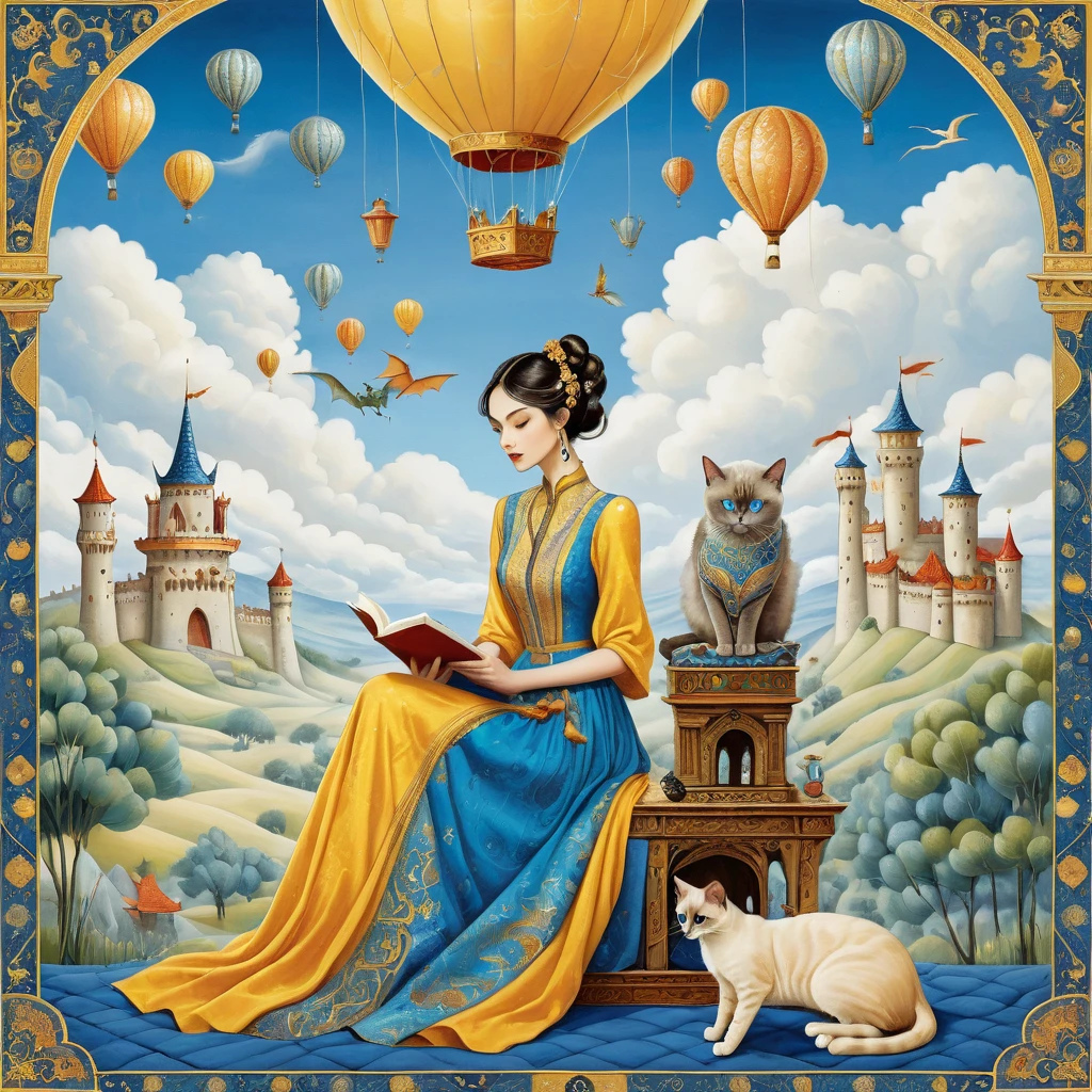 In the style of Albena Vatcheva.. An elegant tall woman, in a long saffron yellow coloured dress decorated with intricate blue motifs, sits on a blue cloth covered with intricate geometric textures, with a short-haired Siamese cat on the left and a long-legged cat on the right. He reads a book in the middle of a great plain and observes his kingdom made up of  (Flying dragons) castles with towers rising towards the sky, knights and ladies, drawbridges, hills, trees. clouds and balloons.
