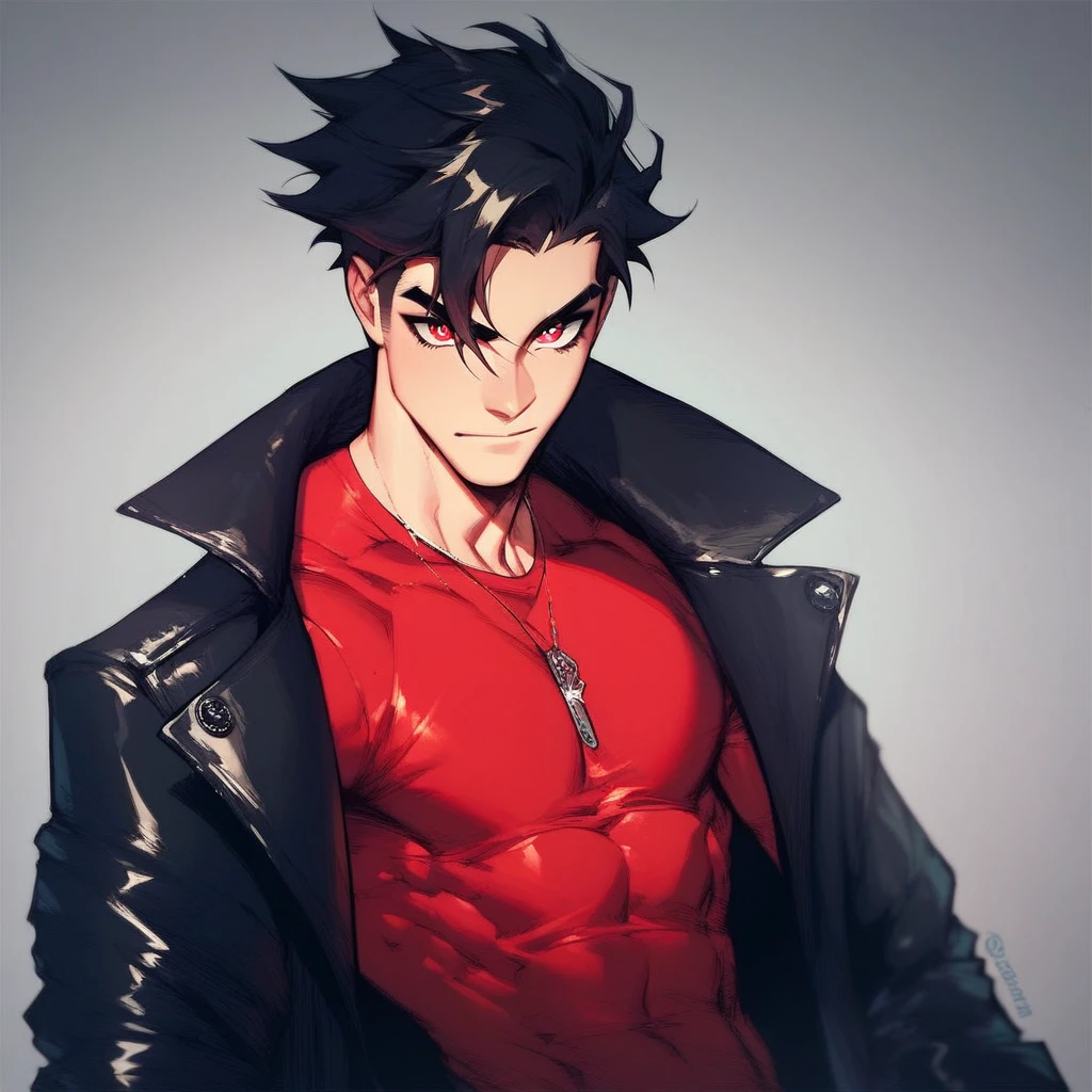 Human Male , Black hair  , Red shirt , Black Coat  ,Adolescent , red pupils 