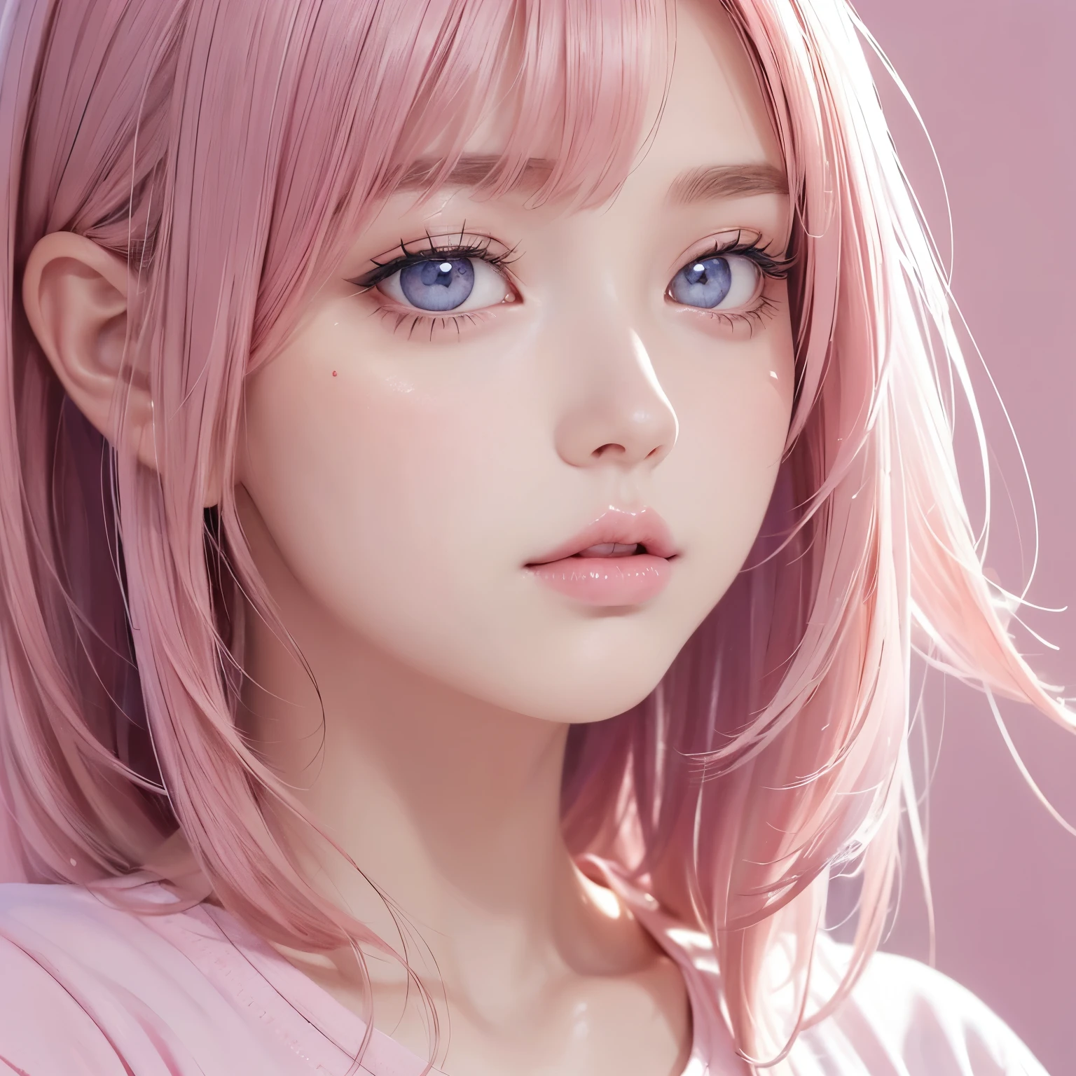( masterpiece ),( best quality:1.1),( super detailed),Best Illustration, fine details,(portrait:1.1),(Intense close-up),Watercolor)floating,1 Girl, alone ,,,( extremely delicate beautiful face ),( fine and beautiful eyes ),Pink plump lips,( unruly hair ),( wearing a loose pink t-shirt), soft and lazy ,( Simple Background :1.2)Full color background ,Cleaning,4K