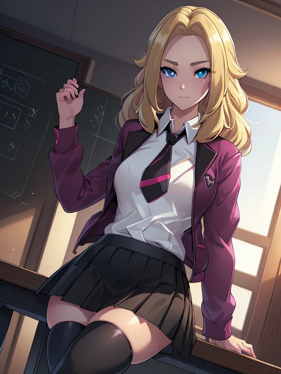 (masterpiece:1.2), best quality, high resolution, unity 8k wallpaper, (illustration:0.8), (beautiful detailed eyes:1.6), extremely detailed face, perfect lighting, extremely detailed CG, (perfect hands, perfect anatomy), a Lass from Pokemon Sword and Shield, blonde hair, blue eyes. ((Wearing: A school uniform, opened magenta jacket, white undershirt, magenta tie, short black skirt and black shiny leggings)).