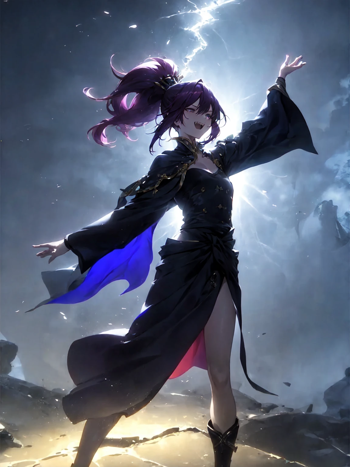 anime style, lineart, masterpiece, best quality, (detailed anime, video game art, extremely detailed CG unity 8k wallpaper), (best quality), (best illustration), (best shadow), absurdres, realistic lighting, (Abyss), solo, 1girl, Camellya, purple hair, ponytail, glowing hair, black robe, smirk, open mouth, sharp teeth, multicolored hair, burning purple