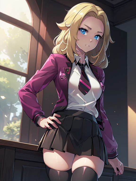 (masterpiece:1.2), best quality, high resolution, unity 8k wallpaper, (illustration:0.8), (beautiful detailed eyes:1.6), extremely detailed face, perfect lighting, extremely detailed CG, (perfect hands, perfect anatomy), a Lass from Pokemon Sword and Shield, blonde hair, blue eyes. ((Wearing: A school uniform, opened magenta jacket, white undershirt, magenta tie, short black skirt and black shiny leggings)).