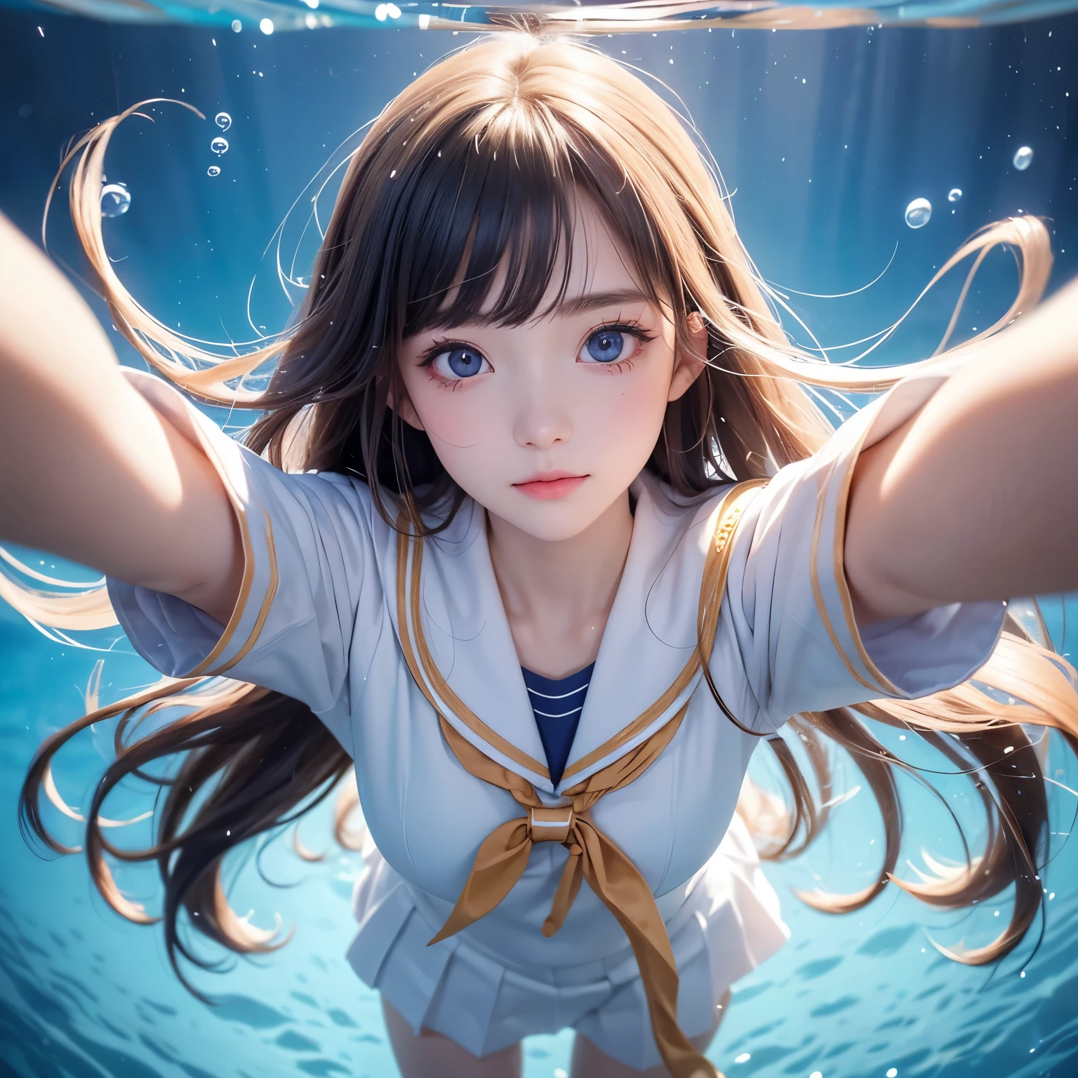 ( perspective :1.3),白色Sailor Suit, sailor dress , white theme ,School Uniform, Sailor Suit, watching viewer , crazy, Messy long hair , detailed eyes ,Hair Glow, Dramatic Perspective ,蓝色Sailor Suit领, perfect anatomy , faint smile, partial underwater footage...