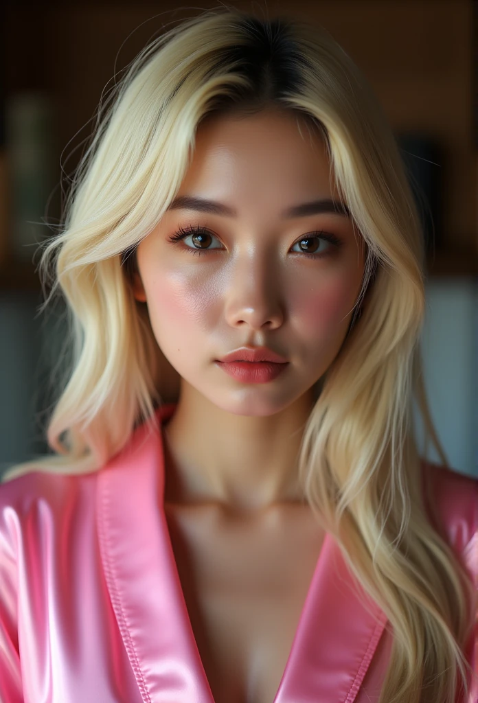  best quality,  masterpiece ,  high detail,  actual ,  Extremely Anorexic Skinny Sexy Ejaculatory Face Girl ,  Professional Original Quality Photo Shoot of a Slim Petite Young Korean Girl in a Pink Latex Robe,  Fetishist High Heels , blond,  Dramatic Posing ,  high detail face, Perfect face