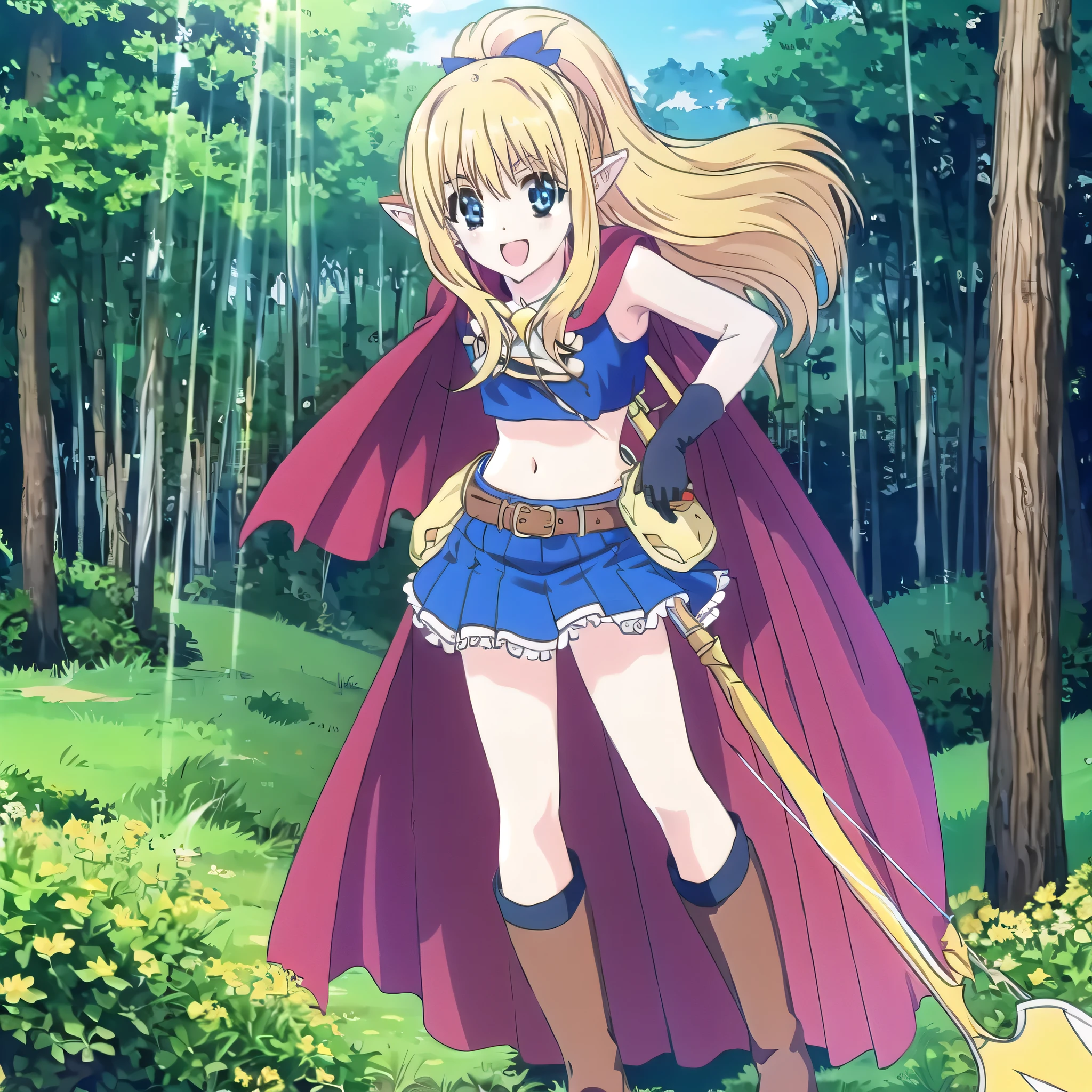 1girl, solo, pointy-ears, blond-hair, blue sea-eyes, weapon, arrow-\(projectile\), bow-\(weapon\), gloves, boots, floating hair, open-mouth, skirt, elbow-gloves, hair-ornament, navel, looking-at-viewer, cape, smile, elf, holding, ribbon, hair-ribbon, full-body holding-weapon quiver knee-boots belt hairclip, green-skirt, holding-bow-\(weapon\), black-gloves, forest, midriff, thigh-strap, character-name hair-between-eyes, standing, black-footwear, pouch, long-hair, nature, blue-ribbon, ( 1:1)